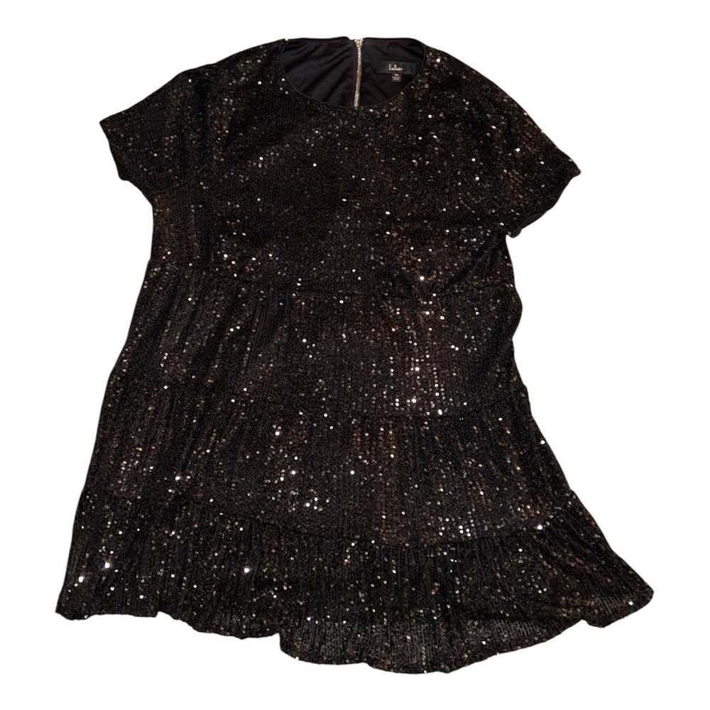 Lulus Taking a Shine Black Sequin Tiered Mini Shift Dress Cocktail Party Sparkle - Picture 2 of 5